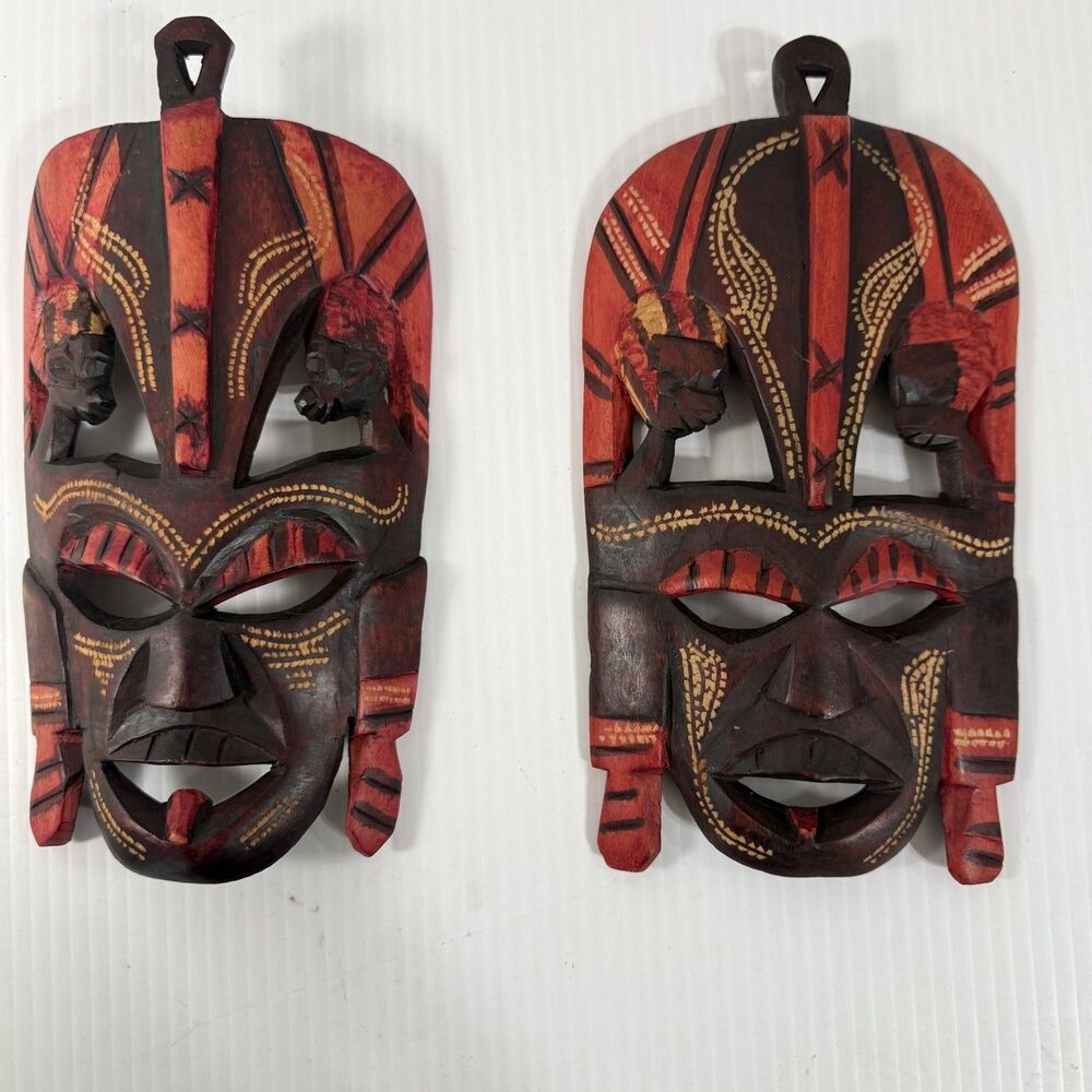 Tribal Face Mask Wall Art Kenyan Hand Carved Painted Made Of Wood Lot Of 2 Pcs